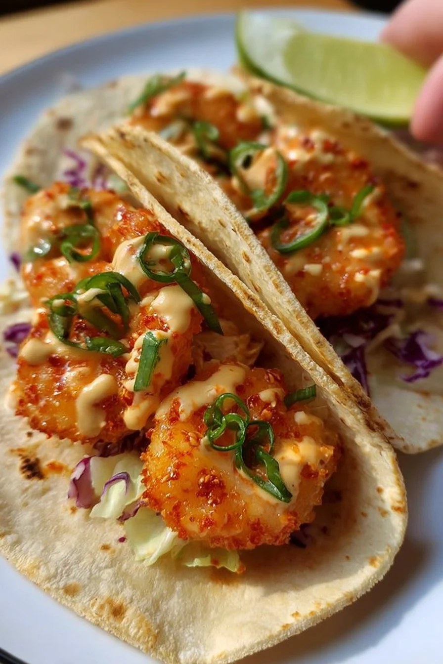 Air Fryer Bang Bang Shrimp Tacos served on a plate