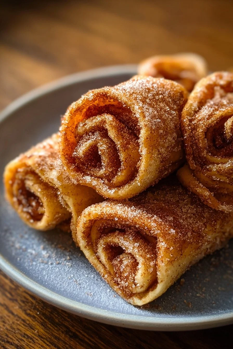 Air fryer cinnamon sugar tortilla rolls topped with cinnamon and sugar.