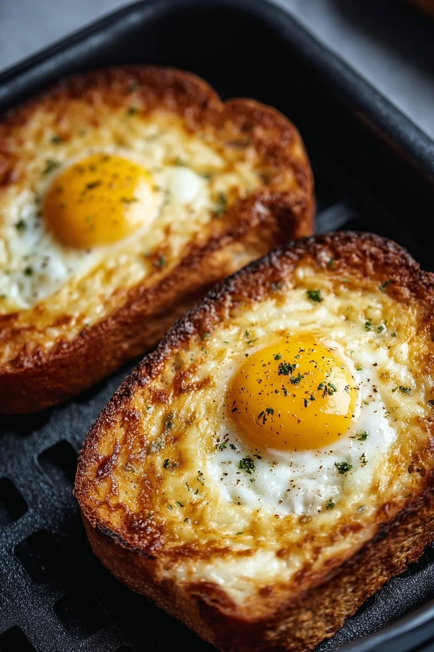 Air Fryer Egg and Cheese Toast topped with melted cheese and egg