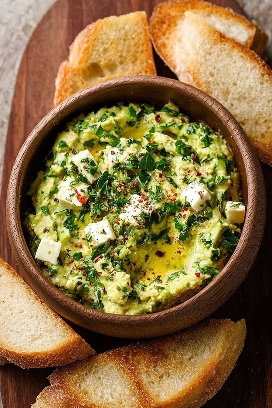 Avocado Feta Dip 2 Delicious avocado feta dip served in a bowl with fresh herbs