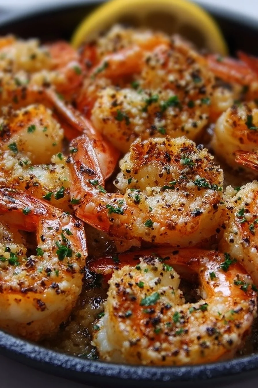 Baked garlic Parmesan shrimp served on a plate with parsley garnish