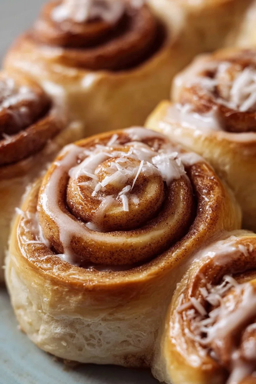 Freshly baked banana cinnamon rolls topped with icing on a rustic table.