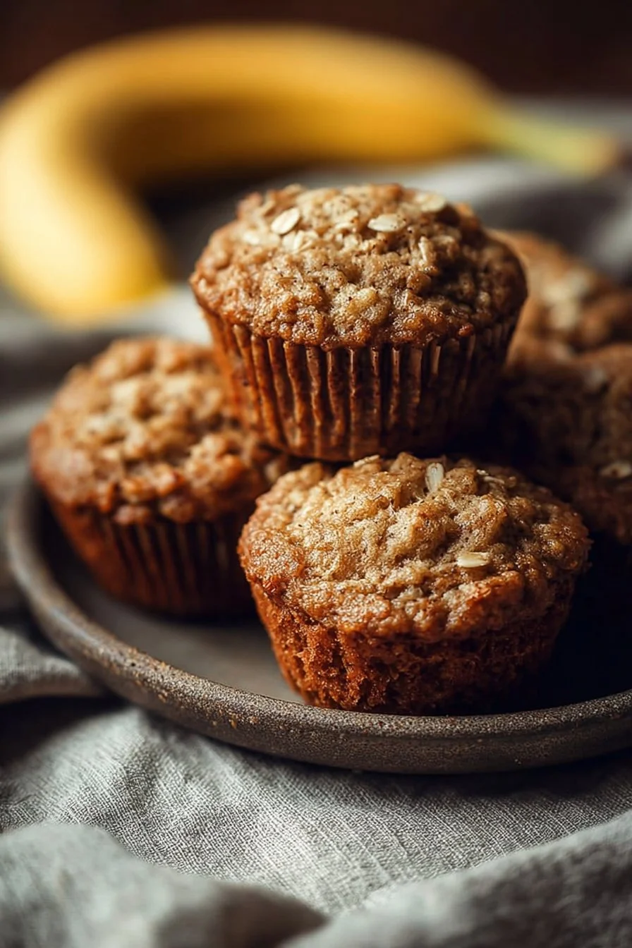 Baked Banana Oatmeal Muffins in a muffin tray, healthy breakfast option
