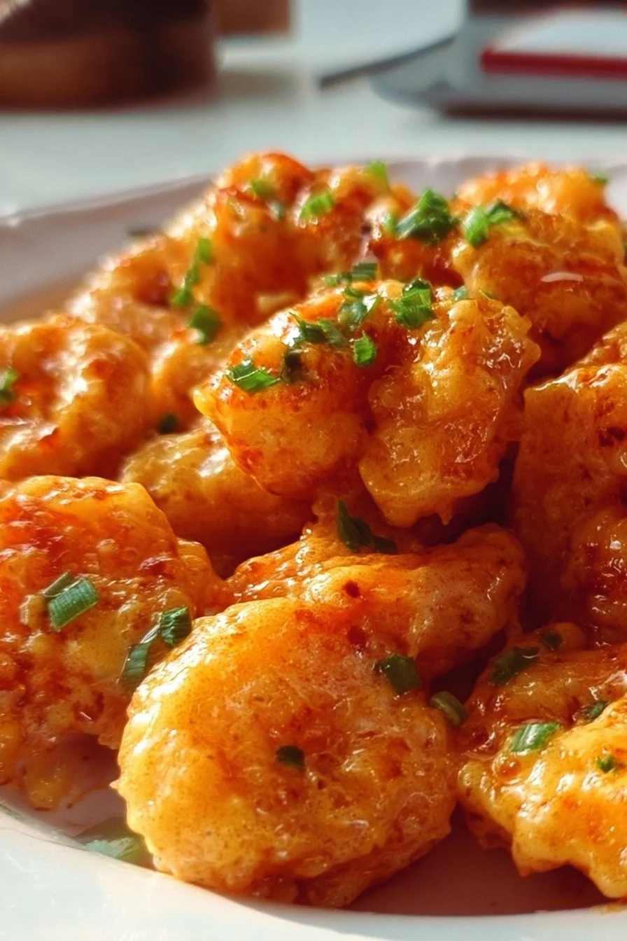 Plate of crispy Bang Bang Shrimp garnished with green onions and sauce