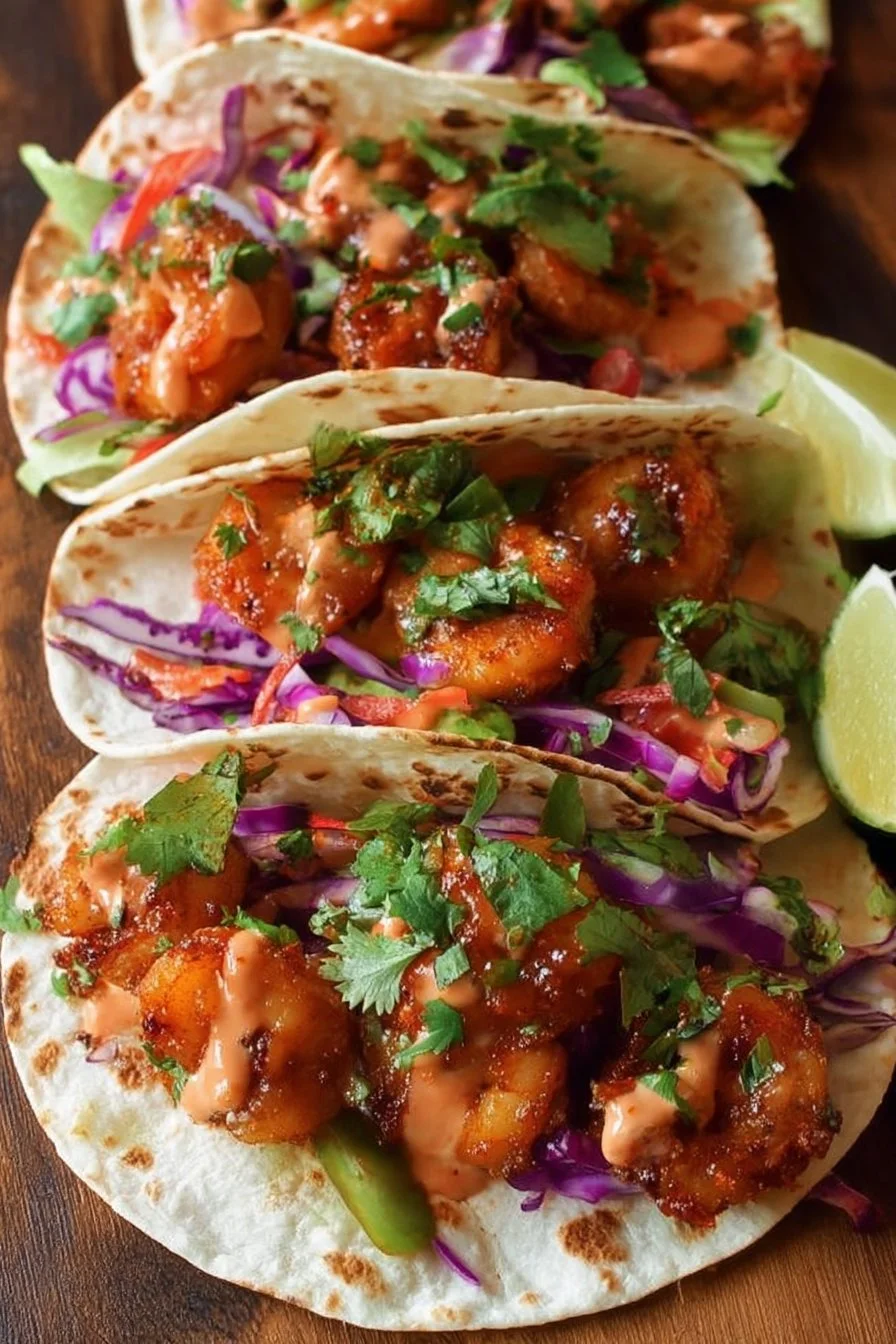 Delicious Bang Bang Shrimp Tacos topped with fresh ingredients and sauces.