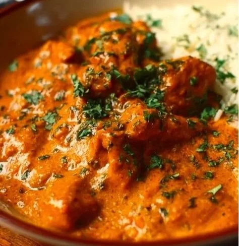 Delicious butter chicken served with rice and naan, a classic Indian dish.