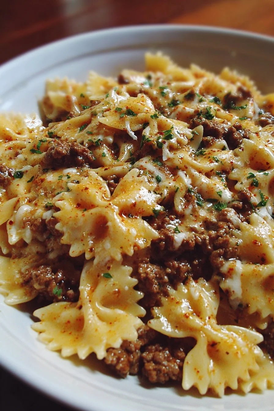 Cajun Cream Cheese Alfredo Bowties with spiced ground beef dish