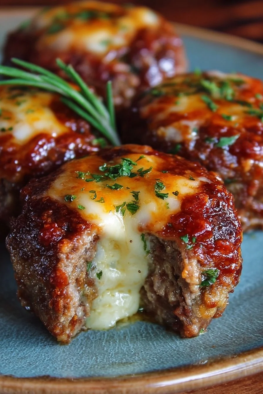 Cheesy Stuffed Meatloaf Bites 2 Cheesy stuffed meatloaf bites on a plate, garnished and ready to serve.