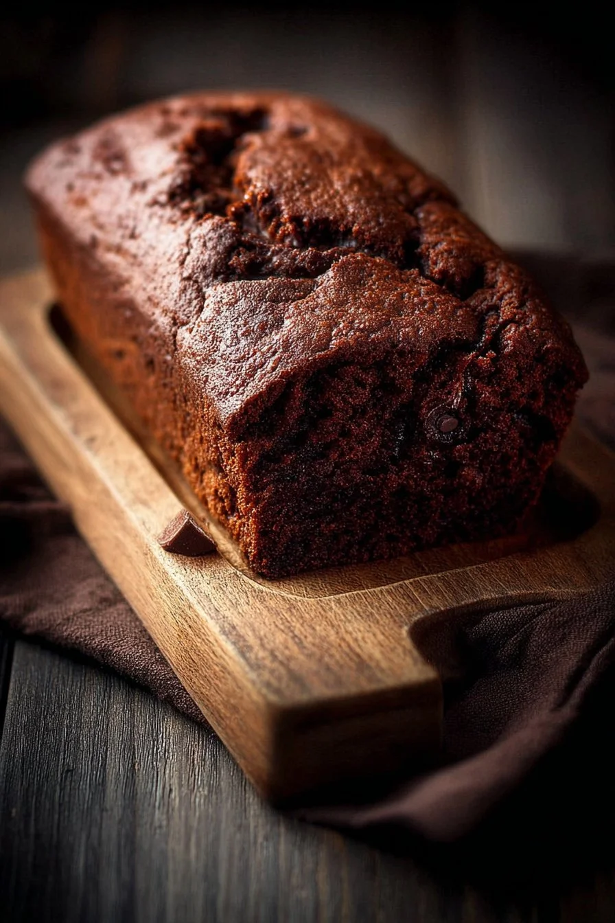 A delicious loaf of Chocolate Banana Bread with chocolate chunks and bananas.