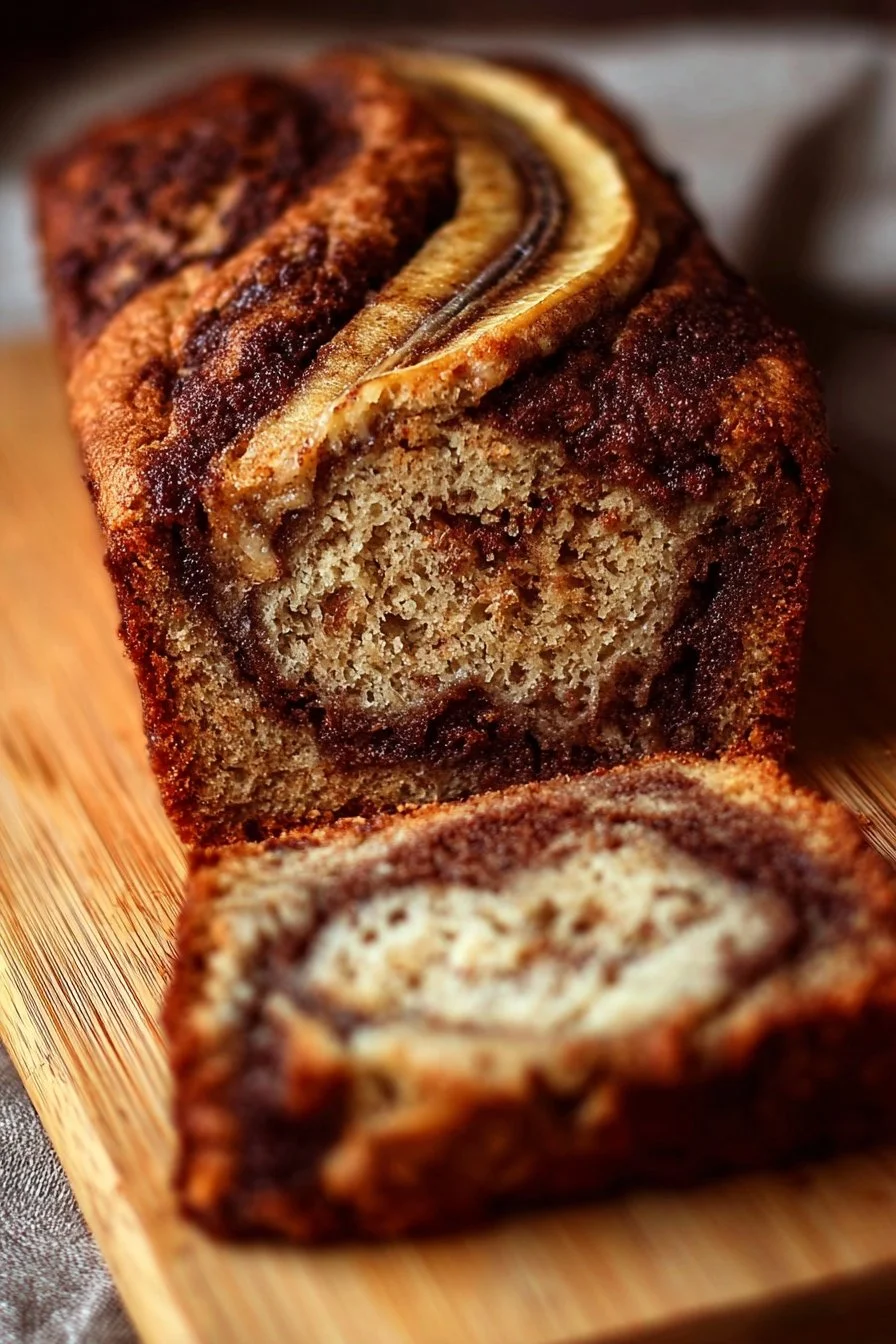 Delicious cinnamon swirl banana bread loaf on a wooden cutting board