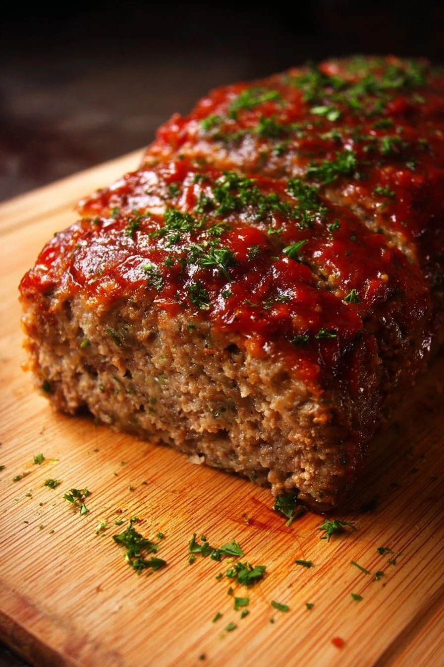 Freshly baked classic meatloaf served with mashed potatoes and green beans