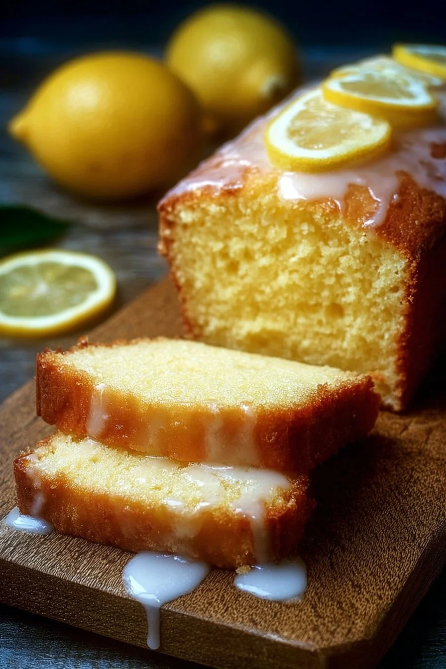 Sliced Copycat Lemon Loaf on a plate with a lemon garnish