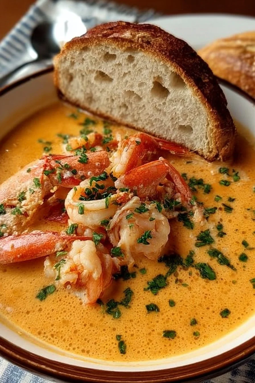 Delicious crab and shrimp seafood bisque served in a bowl, garnished with herbs.