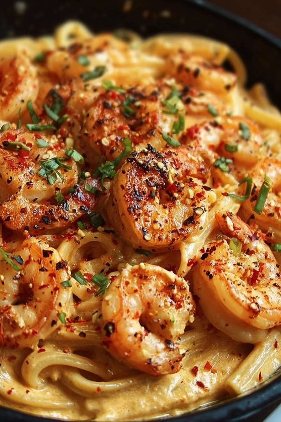 Creamy Cajun Shrimp Pasta 2 Creamy Cajun shrimp pasta dish with vibrant vegetables and spices