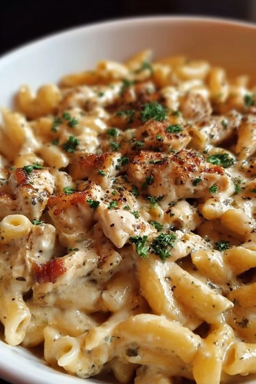 Creamy chicken pasta cooked in a crockpot, ready to serve.