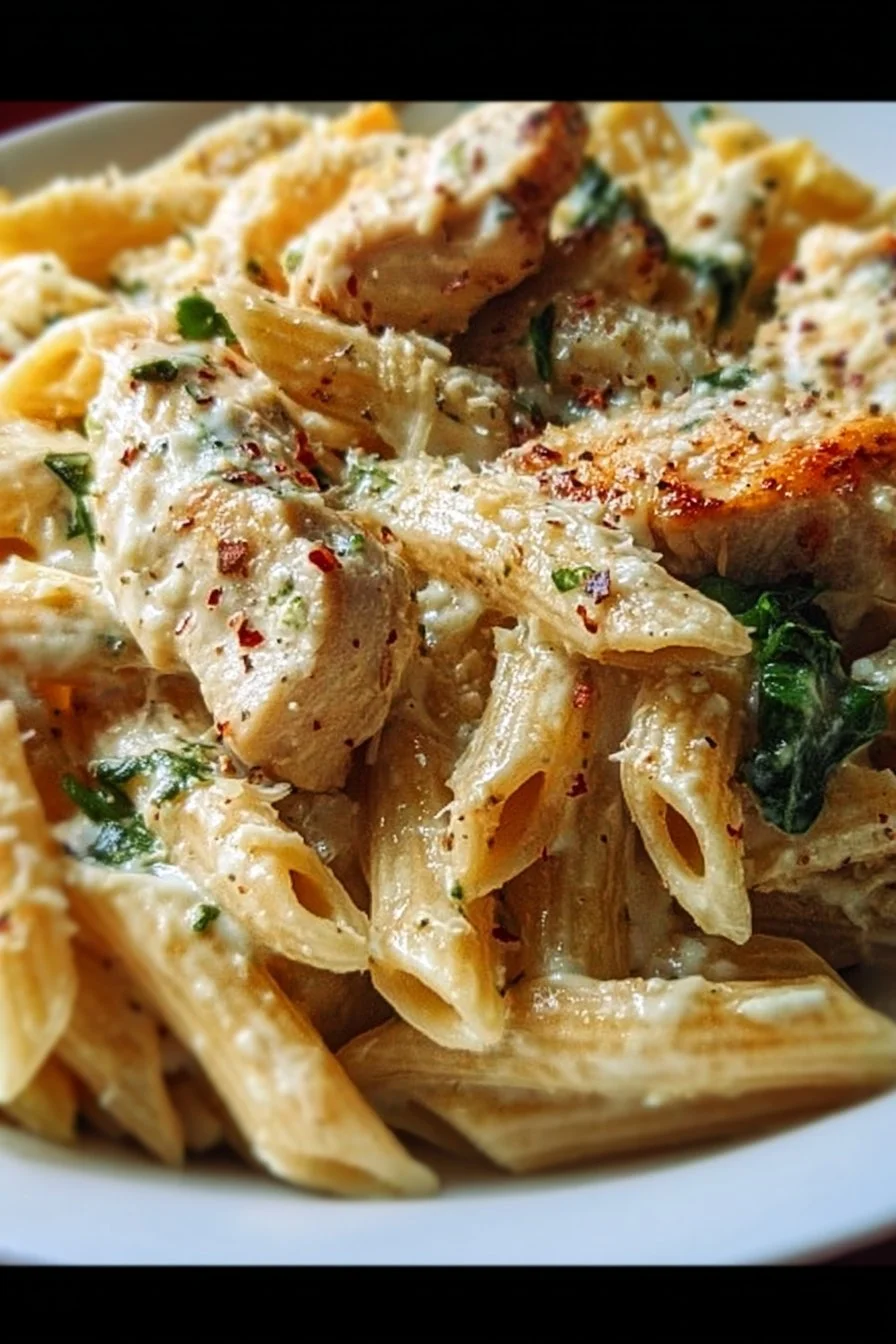 Creamy garlic parmesan chicken pasta dish garnished with parsley