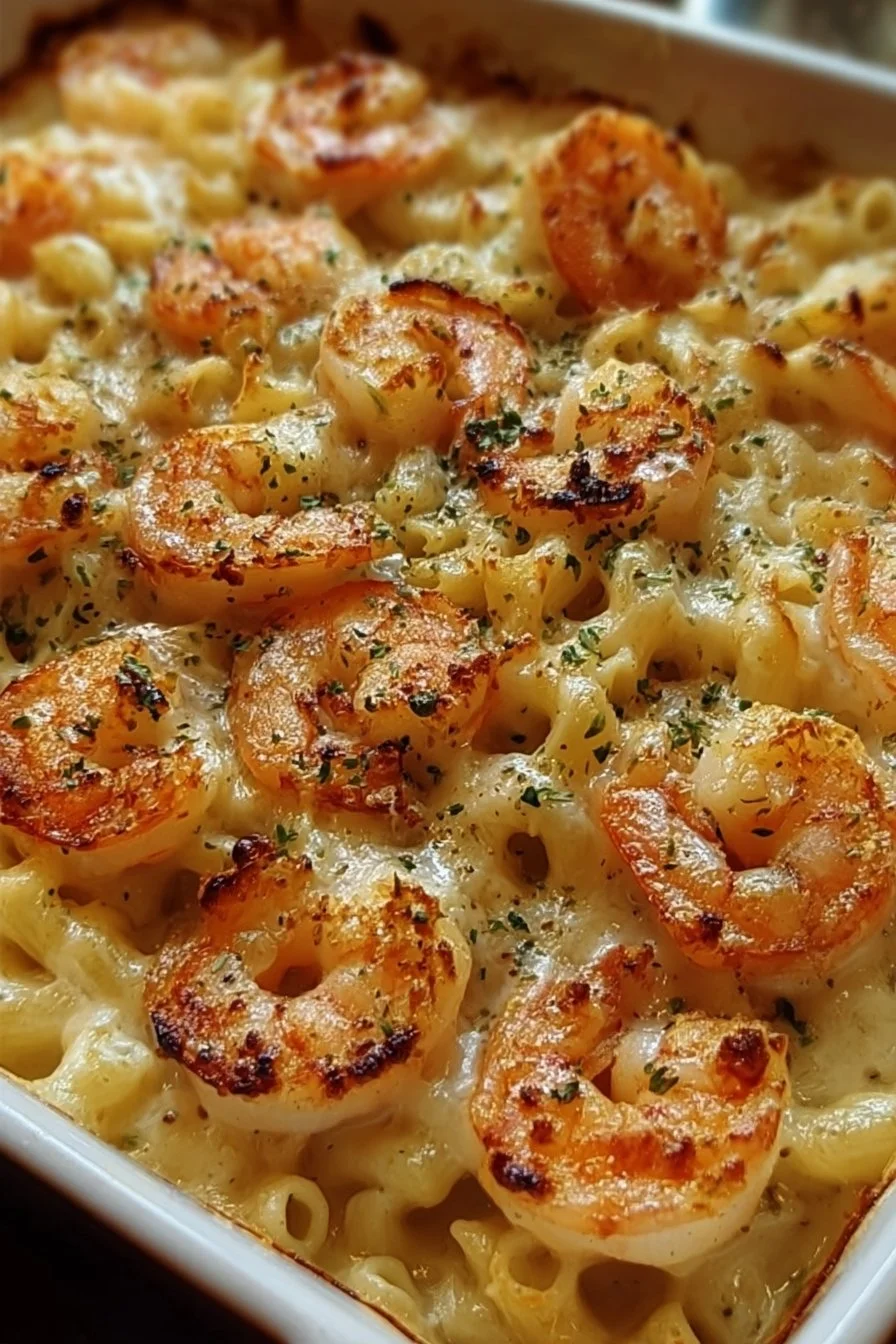 Creamy shrimp scampi pasta bake dish served in a bowl