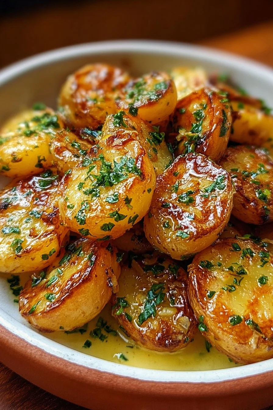 Crispy garlic butter potatoes served in a bowl, garnished with herbs.