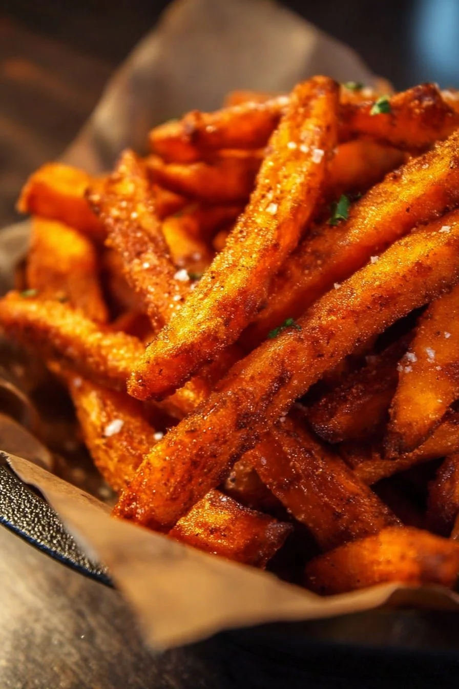 A plate of crispy oven baked sweet potato fries with seasoning