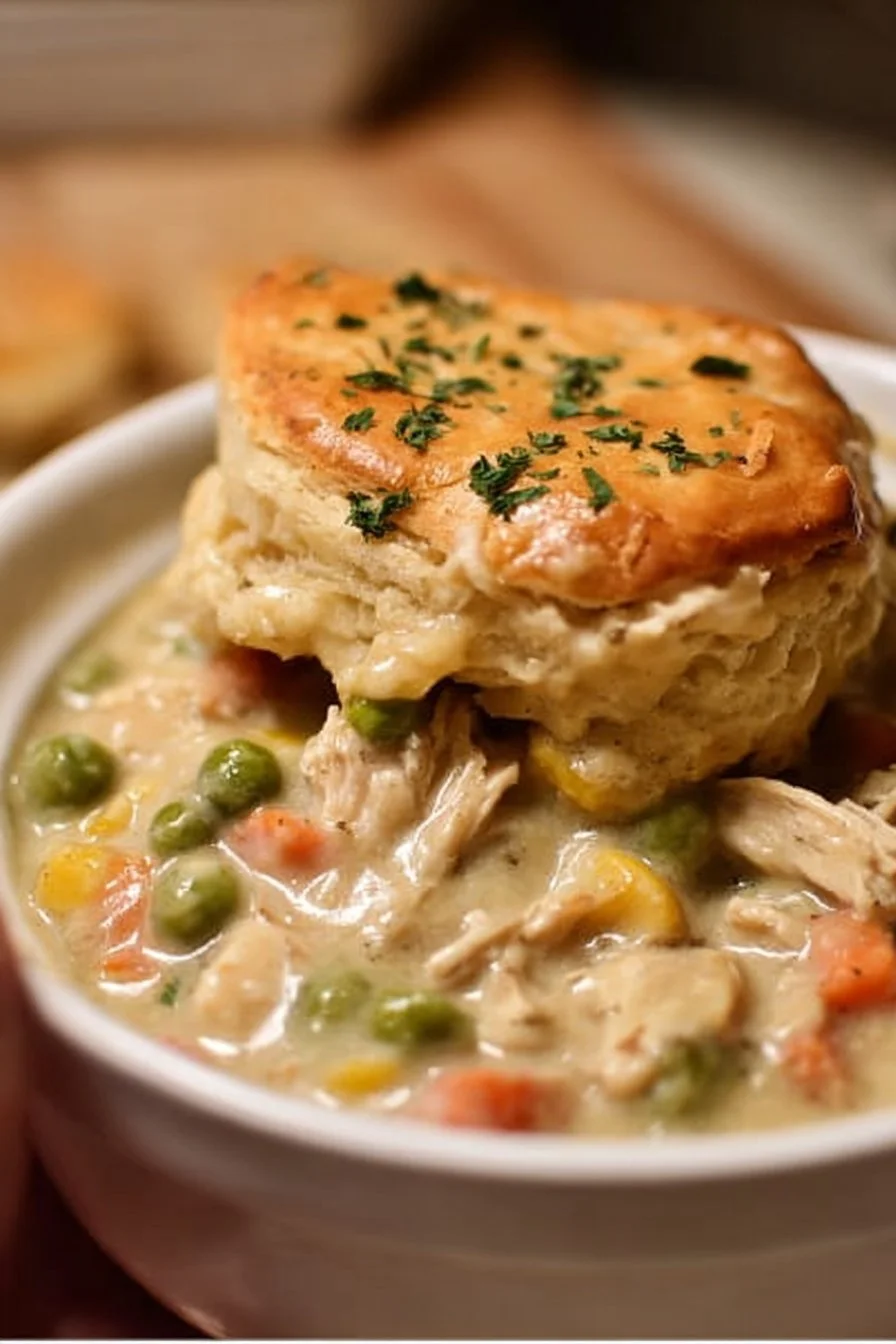 Crock Pot Chicken Pot Pie served in a bowl with flaky crust and vegetables.