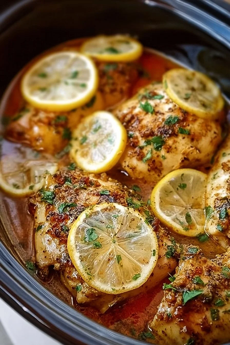 Crock Pot Lemon Garlic Butter Chicken garnished with herbs on a serving plate.