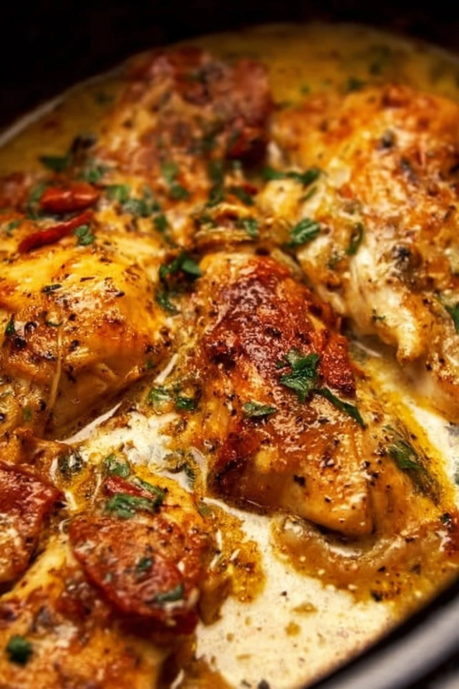 Crock Pot Marry Me Chicken served with creamy sauce and herbs