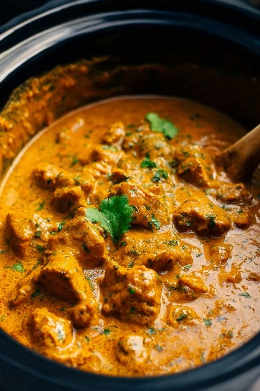Crockpot Butter Chicken served with rice and garnished with cilantro
