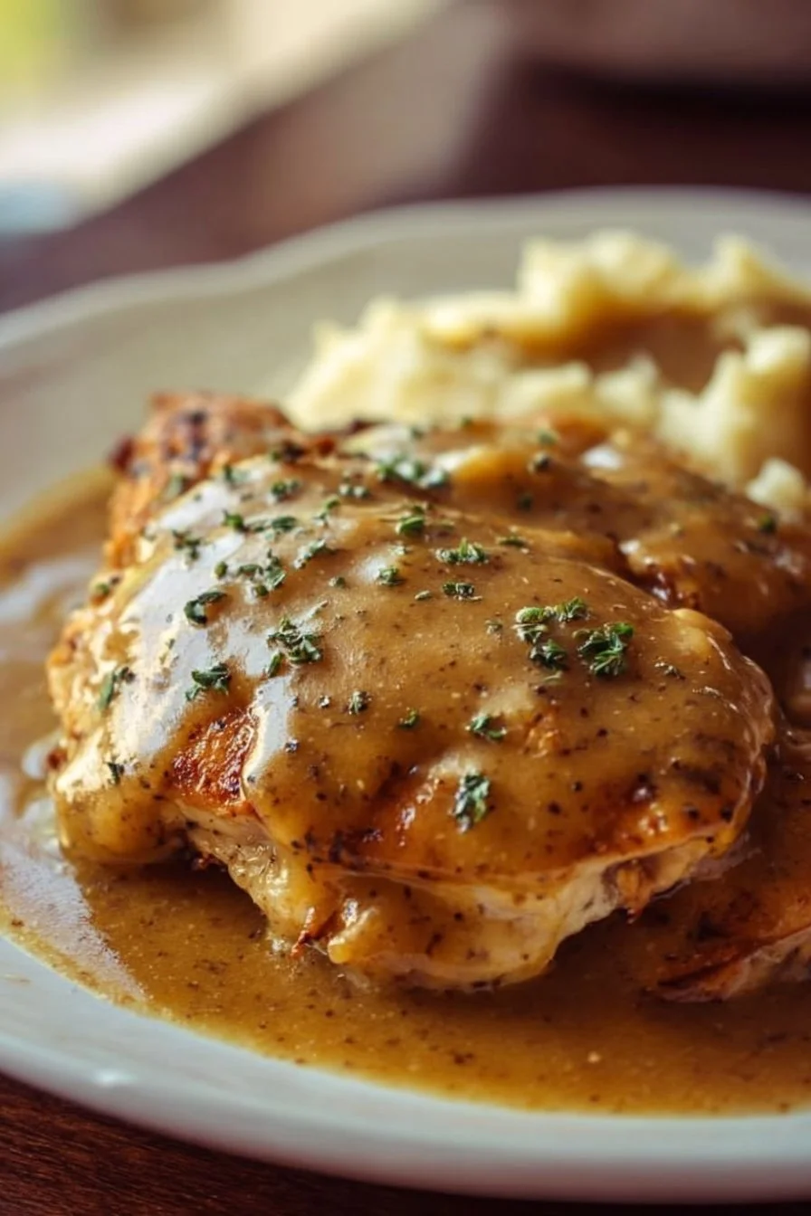 Crockpot chicken and gravy served with mashed potatoes