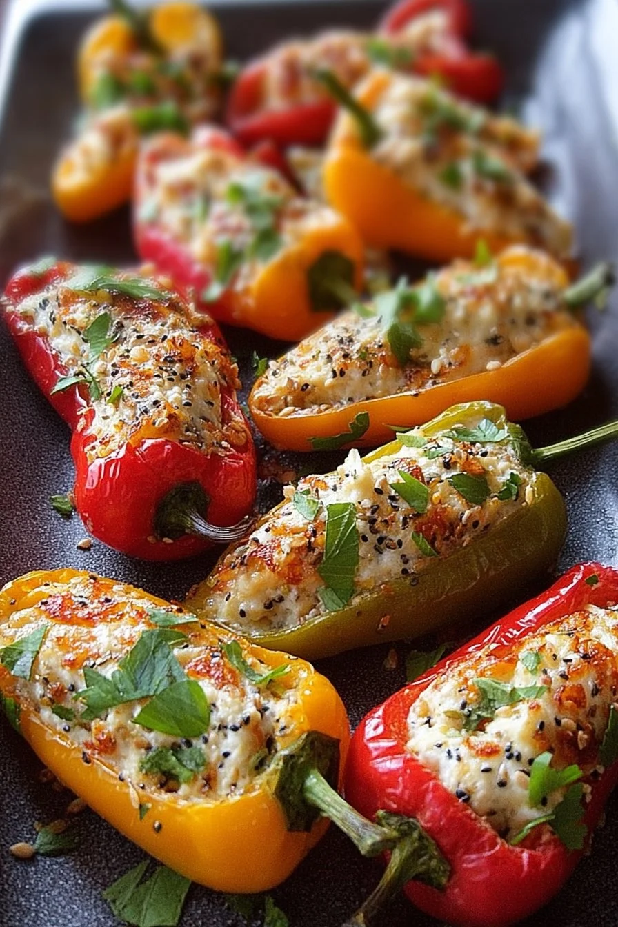 Mini peppers stuffed with cheese and everything bagel seasoning