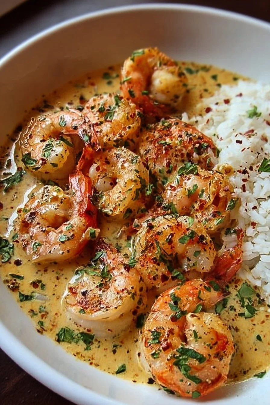 Delicious creamy garlic shrimp served on a plate with herbs.