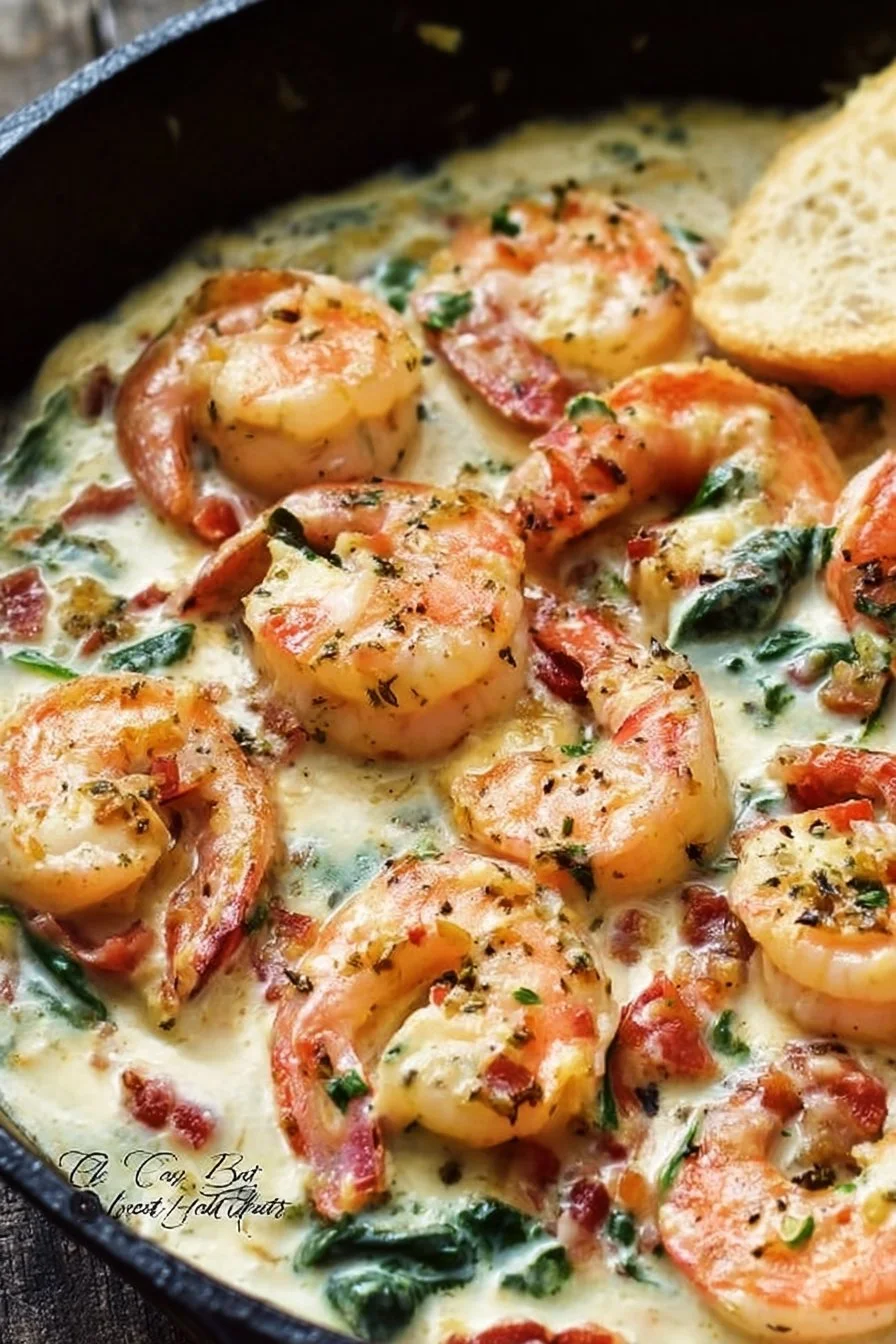 Delicious creamy Tuscan shrimp with vibrant vegetables and herbs