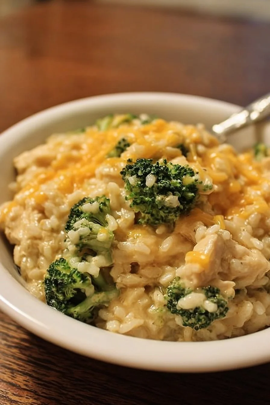 Crockpot Cheesy Chicken Broccoli Rice in a bowl topped with melted cheese