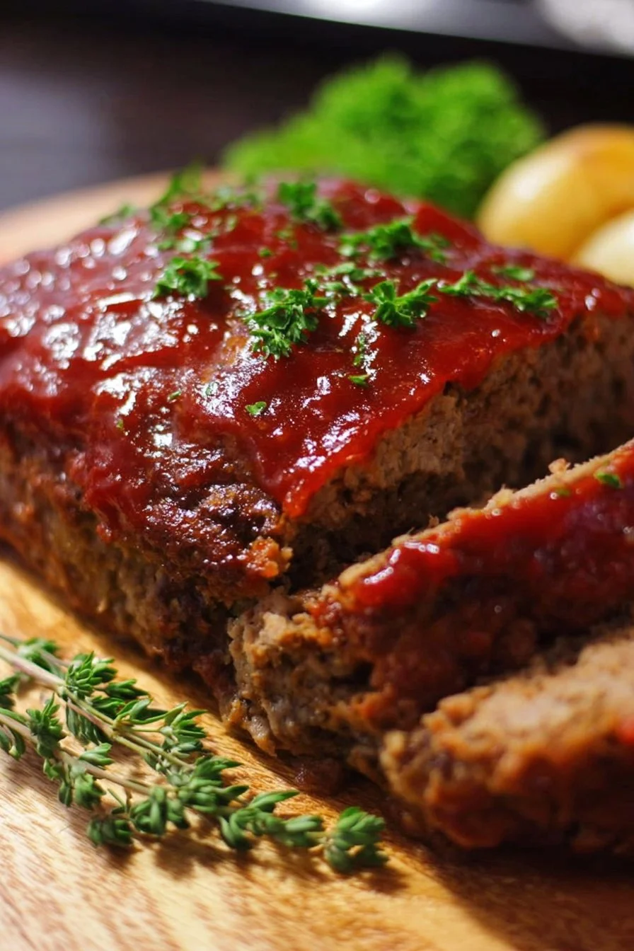 Delicious easy meatloaf with the best glaze recipe served on a plate