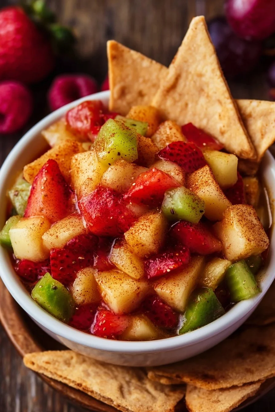 Colorful fruit salsa served with cinnamon sugar tortilla chips
