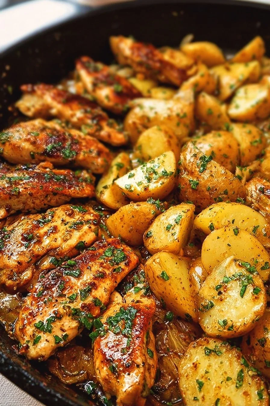 Garlic Butter Chicken and Potatoes Skillet dish with herbs and spices