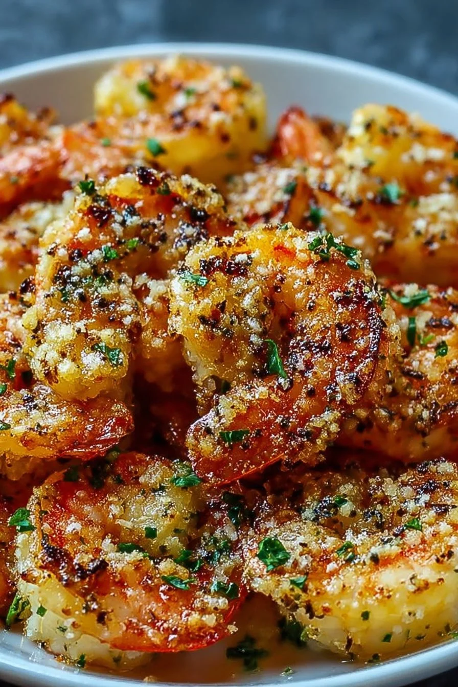 Delicious Garlic Parmesan Roasted Shrimp served with herbs and spices