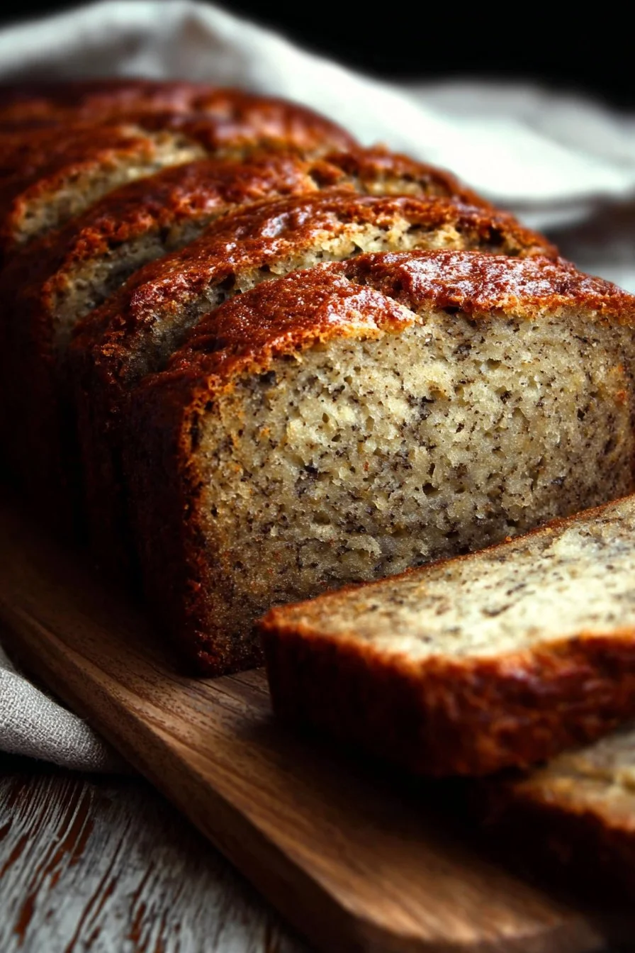 Greek Yogurt Banana Bread 2 Moist Greek Yogurt Banana Bread slice on a wooden table