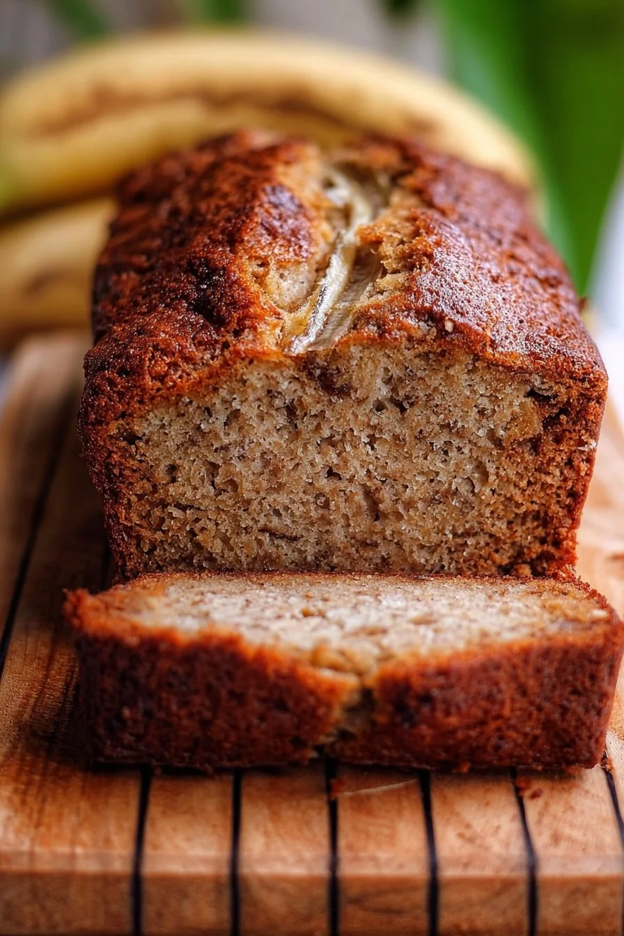 Slice of Greek Yogurt Banana Bread on a wooden cutting board