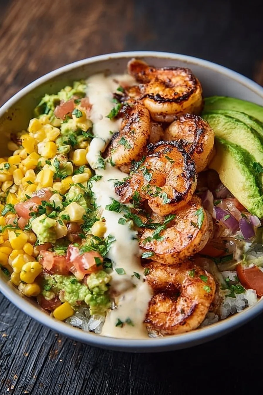 Grilled shrimp bowl with avocado and corn salsa on a plate