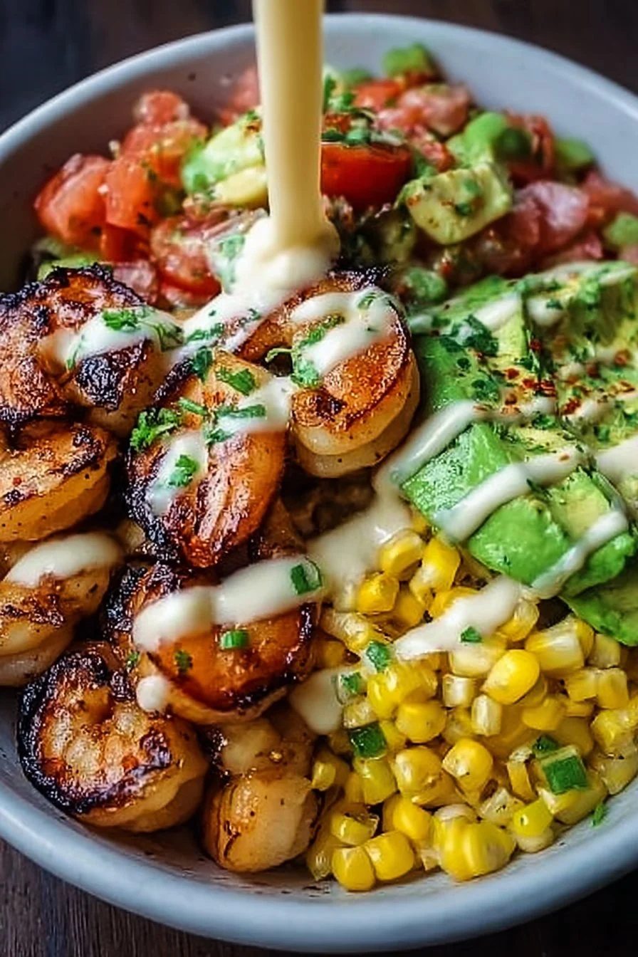 Grilled shrimp bowl topped with avocado, corn salsa, and creamy garlic sauce