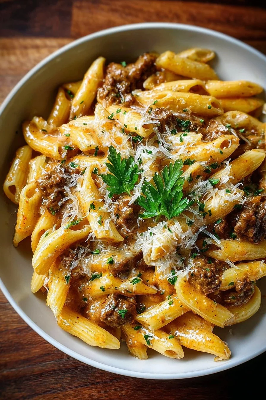 Creamy beef pasta dish topped with herbs and cheese, high in protein.