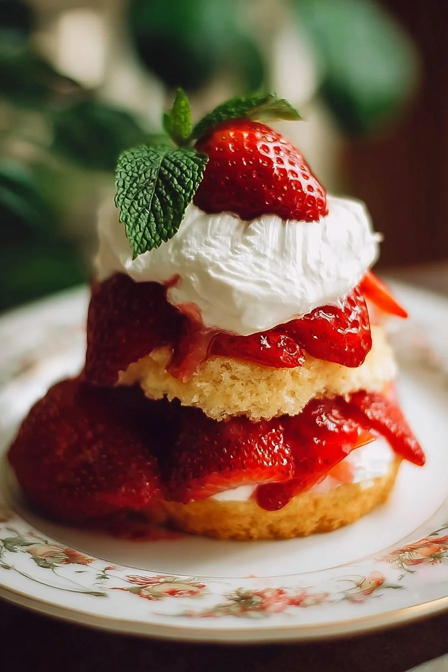 Delicious homemade strawberry shortcake topped with fresh strawberries and whipped cream.
