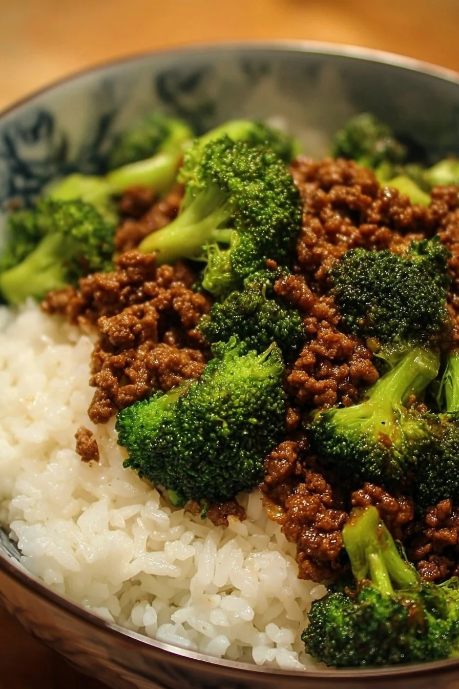 Honey Garlic Ground Beef with Broccoli stir-fry served in a bowl