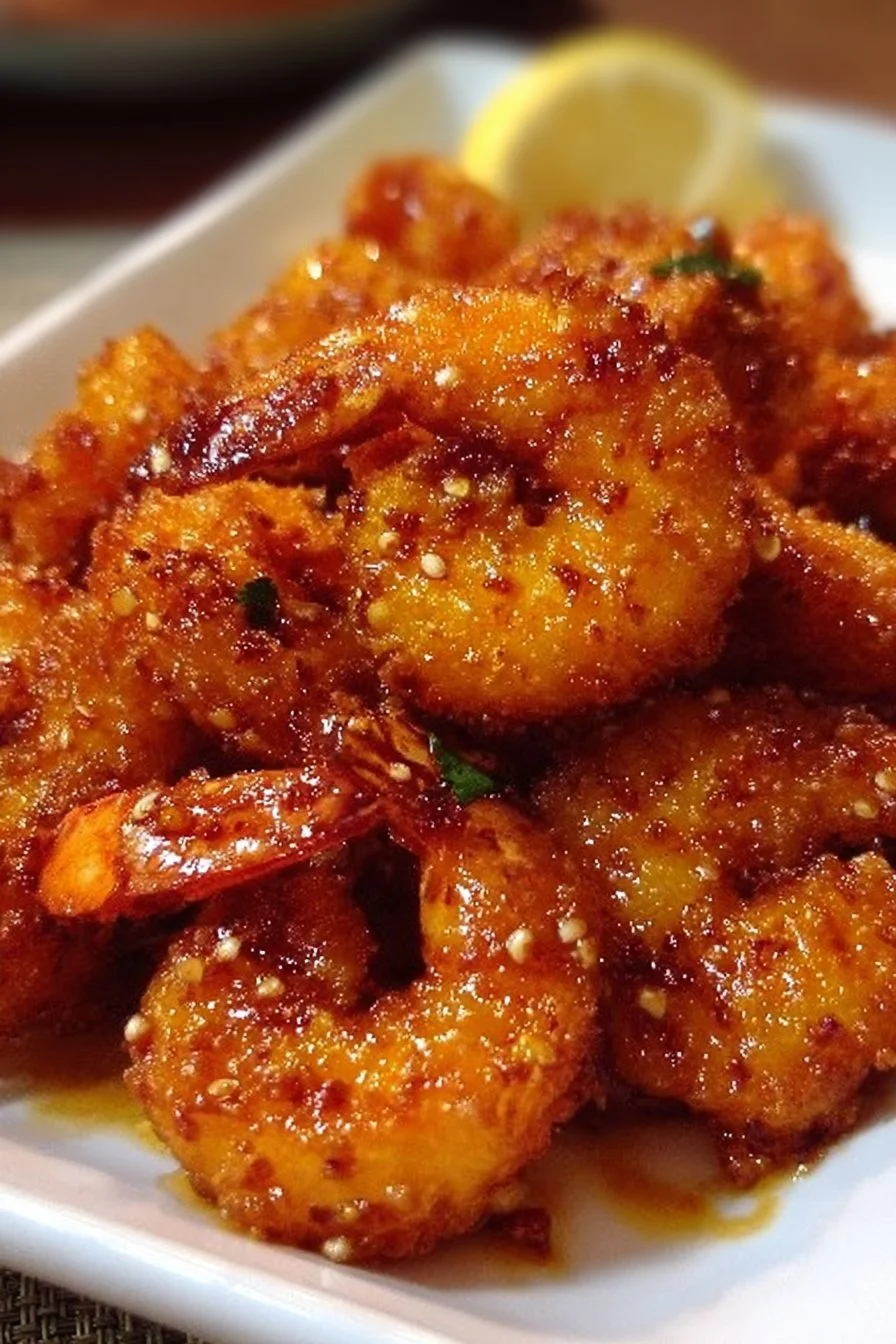 Hot Honey Fried Shrimp 2 Plate of hot honey fried shrimp with a crispy golden coating