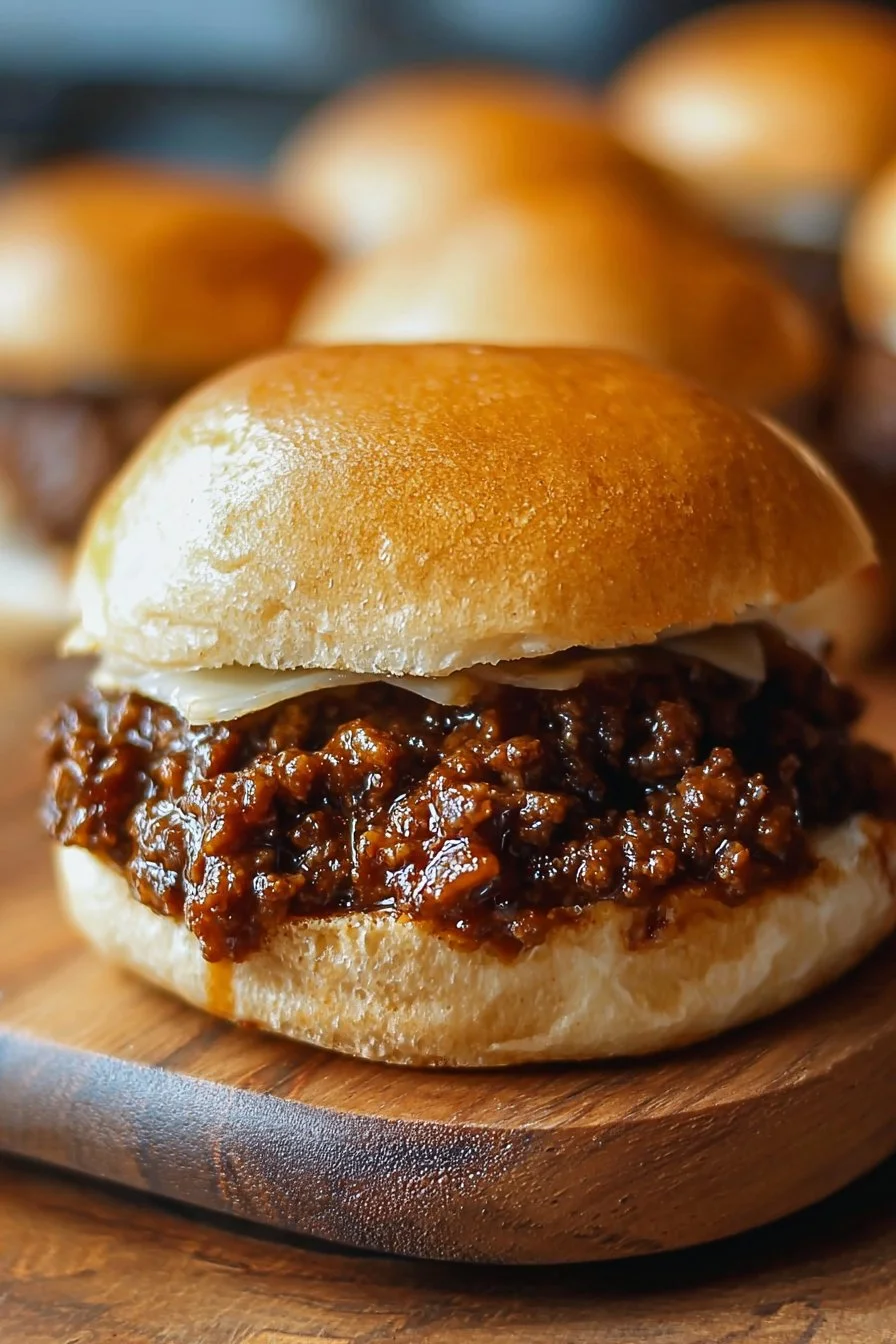 Irresistible French Onion Beef Sloppy Joes 2 Delicious French Onion Beef Sloppy Joes served on a plate with a side of fries.