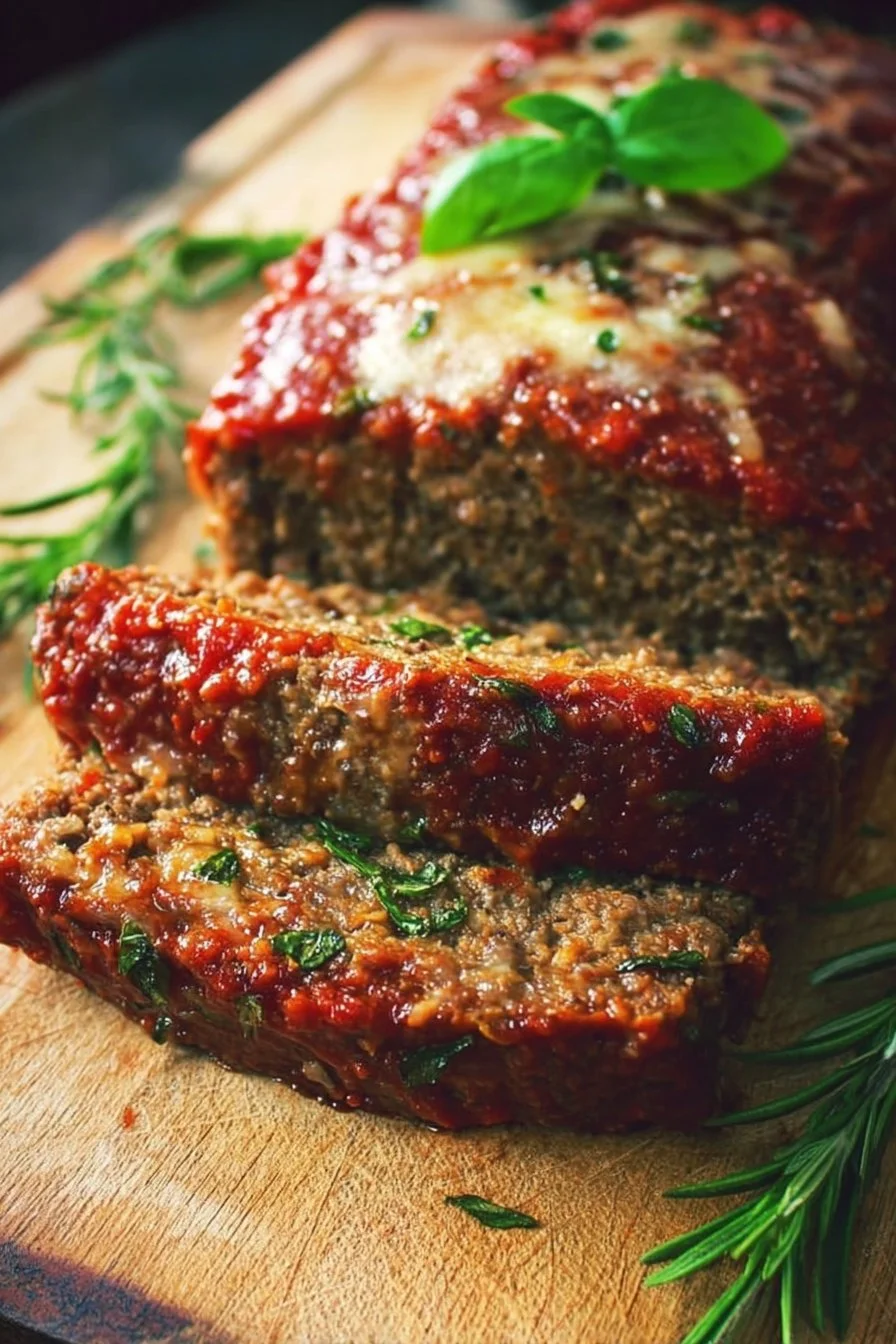 Delicious Italian Meatloaf served with herbs and sauce