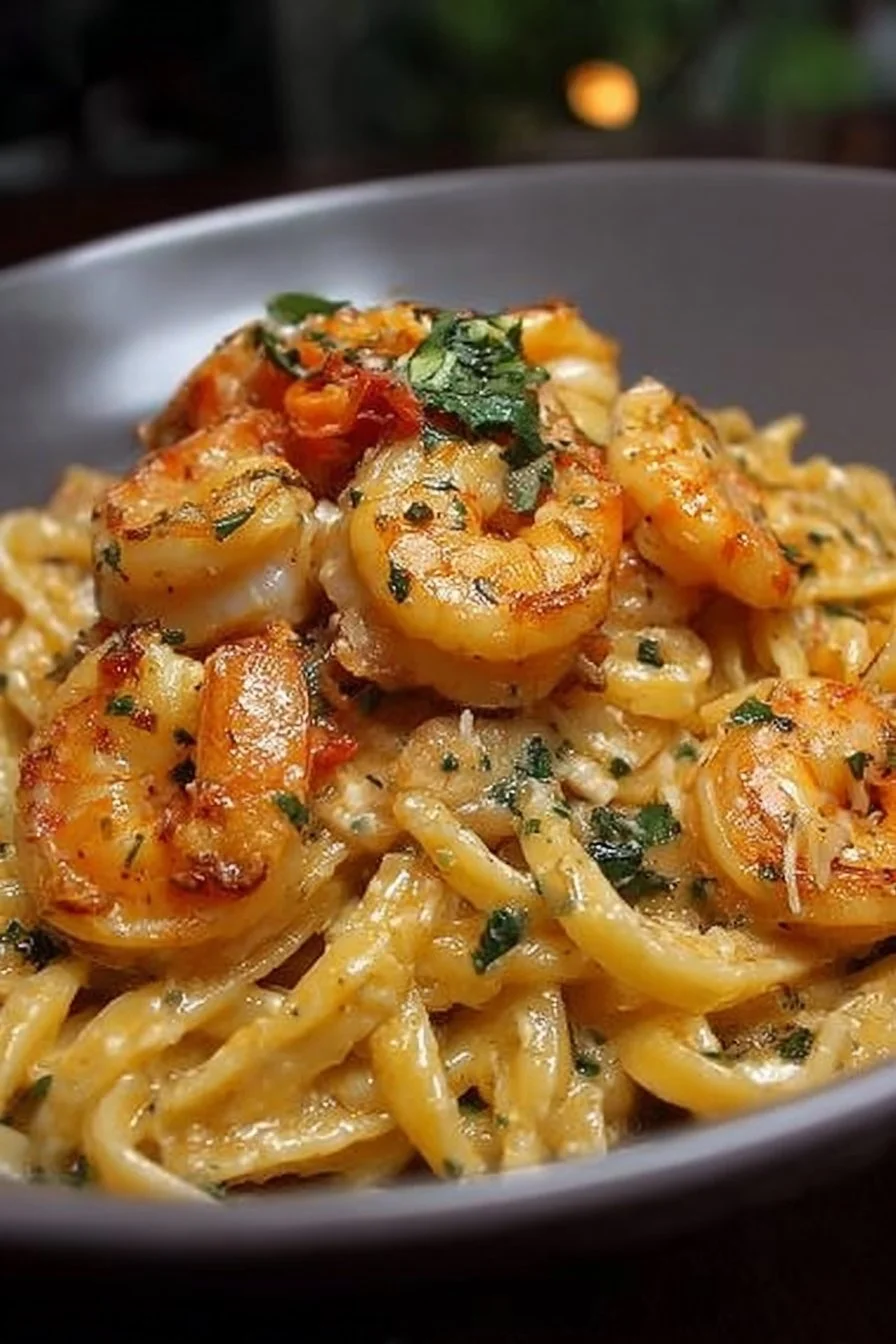Bowl of Jamaican Shrimp Pasta garnished with herbs and spices.