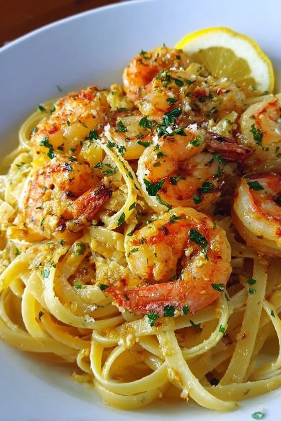 A plate of Lemon Butter Shrimp Pasta garnished with parsley and lemon slices.