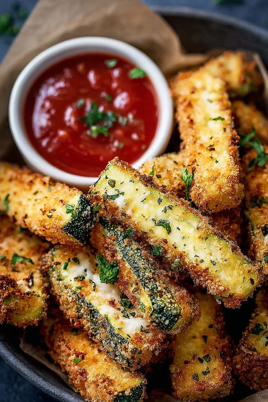 Golden air fryer zucchini fries served on a plate, a healthy snack option.