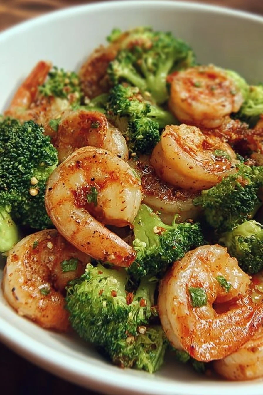 Low carb shrimp and broccoli dish served in a bowl